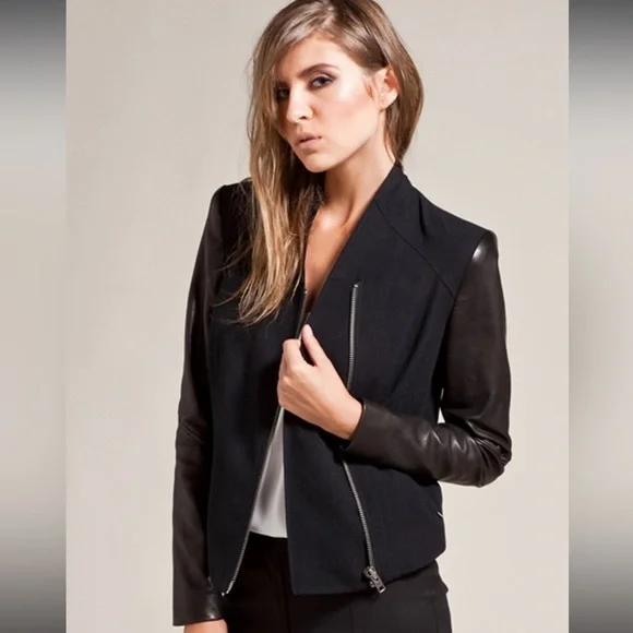 HELMUT LANG Eon Jacket Leather & Wool Asymmetrical Jacket P - Picture 4 of 11